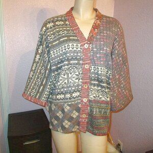 Vtg Sacred Threads Knit Cardigan Sweater Size M Patchwork Kimono Hippie Boho Art